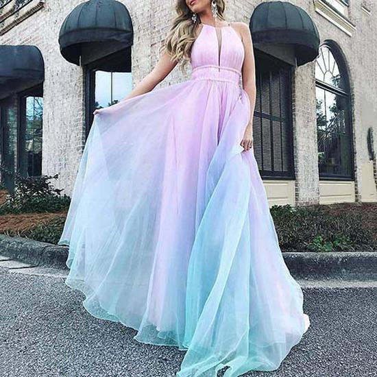 Европейское и американское женское вечернее платье с градиентом и глубоким V-образным вырезом - Сексуальное длинное платье с драпировкой на талии и расклешенной юбкой.