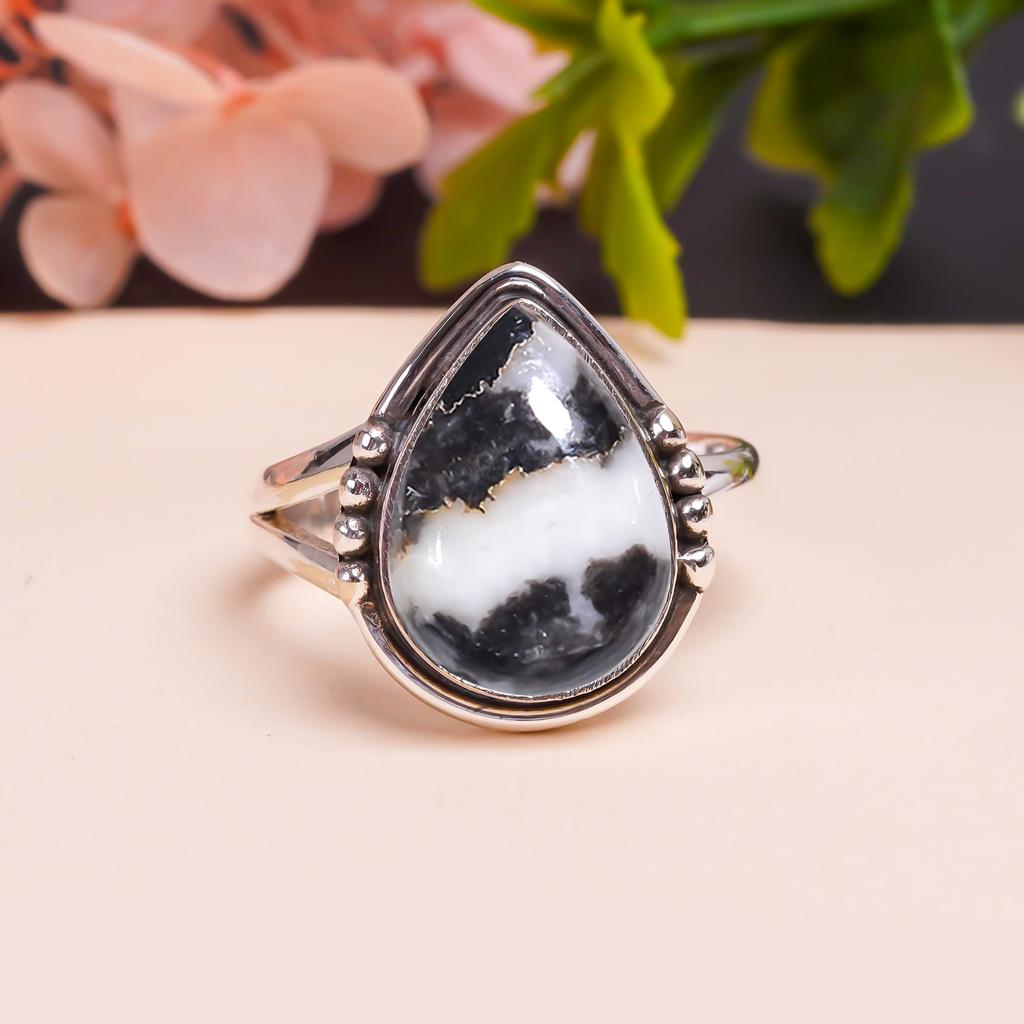 Белая бирюза буффало - Невадский драгоценный камень Кольцо из стерлингового серебра 925 пробы V9513, Черно-белое кольцо, Кольцо-груша, Подарок на День святого Валентина, Подарок для нее, День рождения Г