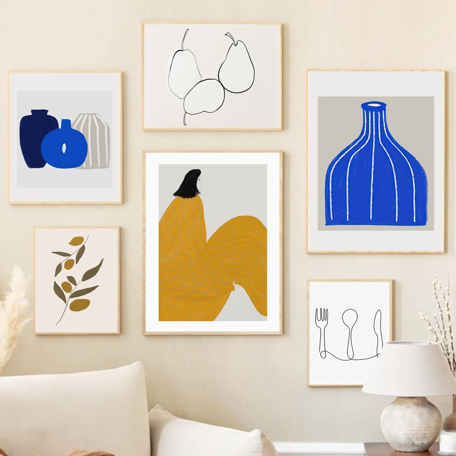 Груши, апельсины, фрукты, листья, столовые приборы, ваза, настенное искусство, печать на холсте, живопись, линии, постеры, рисунок девушки, фотографии для декора гостиной