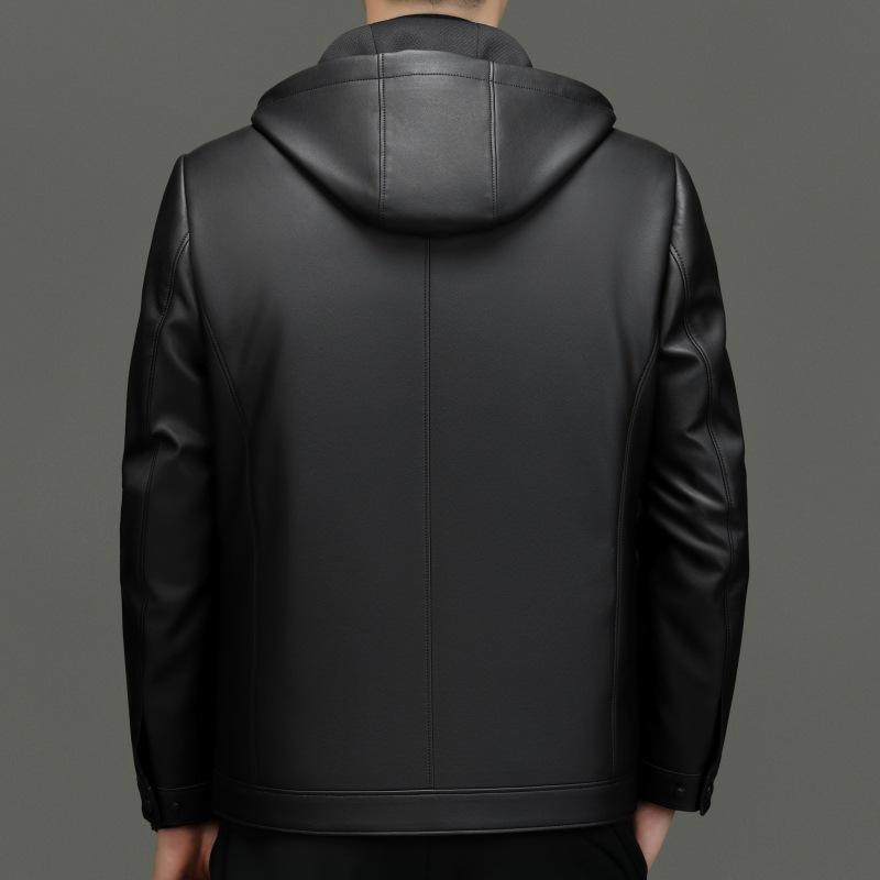 Новая зимняя куртка из овчины, куртка из натуральной кожи среднего возраста, мужская кожаная куртка со съемным капюшоном, куртка из утиного пуха