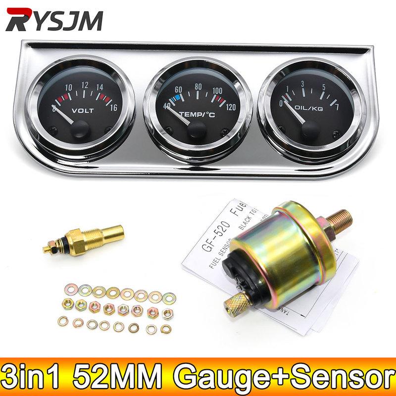 AD 52MM Water Temperature Gauge Celsius Oil Pressure Meter Voltmeter Chrome 3 in 1 Gauge Kit With Sensor Car Motorcycle Meter