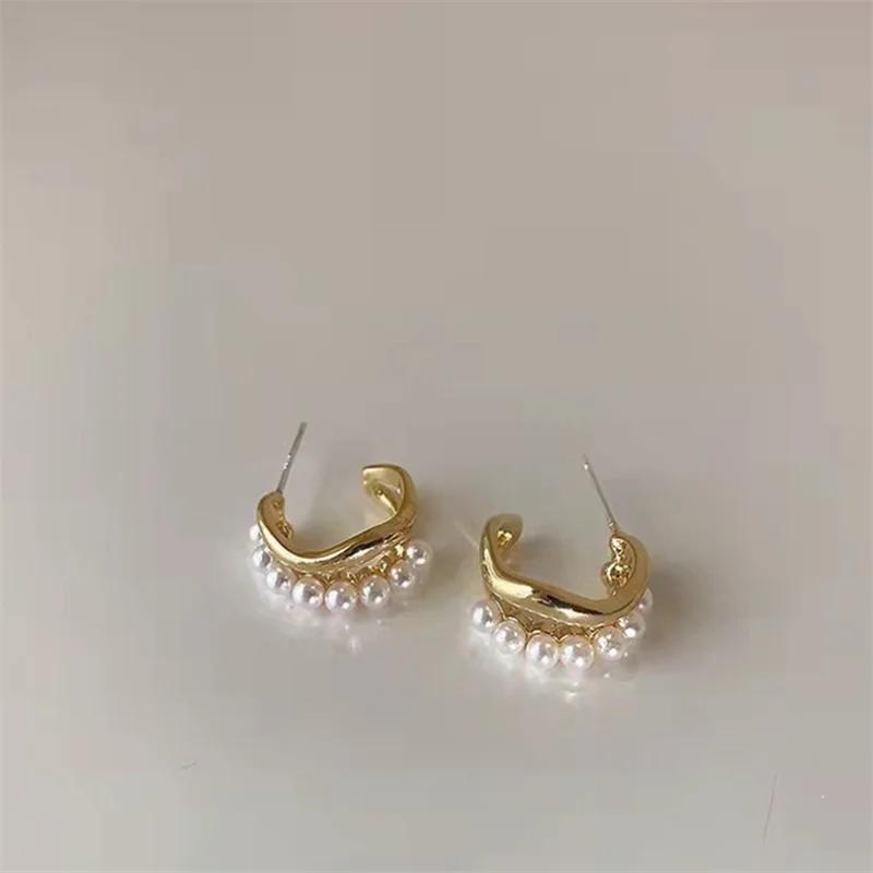 Новые модные серьги-кольца с жемчугом в форме буквы C для женщин и девушек, подарочные украшения оптом