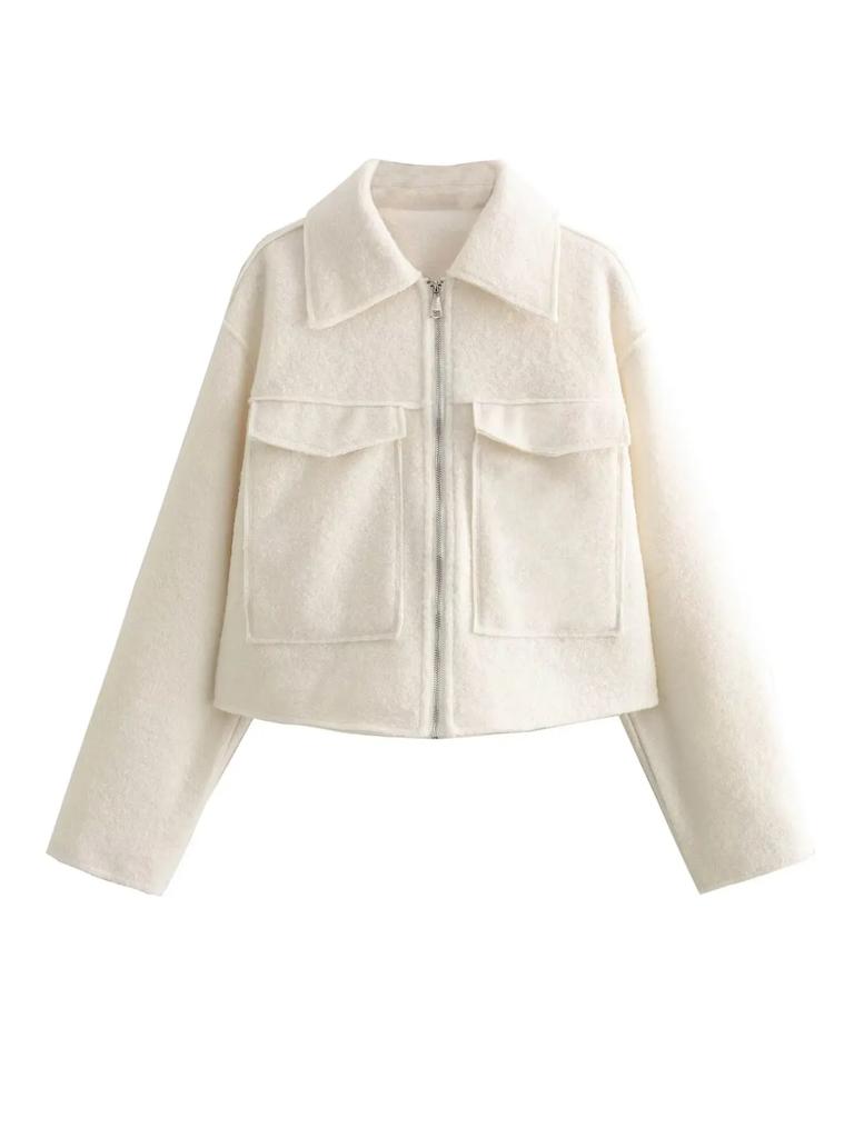 Autumn New Product Women's Fashion and Casual Versatile Polo Collar Long Sleeve Zipper Short Jacket Coat