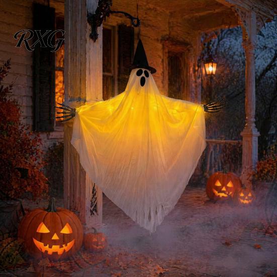 Outdoor Spooky Decor Halloween Hanging Ghost with Witch Hat, Light Up Eerie Glow for Porch Tree, Haunted House Scene Ornament Hat