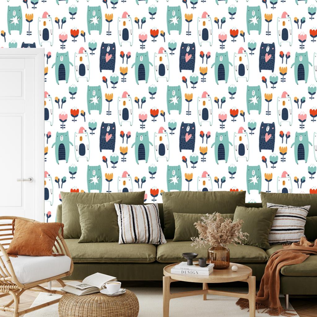 Teddy bears among flowers wallpaper for living room and bedroom 50x1000