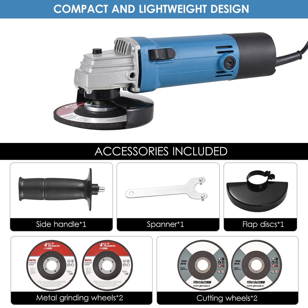 Угловая шлифовальная машина, 4,2 А, 500 Вт, электрическая шлифовальная машина 4-1/2 дюйма / 5 дюймов, электроинструменты со шлифовальными кругами, режущие