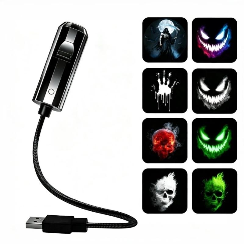 USB Проекторный Свет на Хэллоуин и Рождество с Регулируемой Гибкой Шейкой и Сменными Пленками с Узорами – Декор для Помещений и Улицы для Вечеринок, Дома, Окон