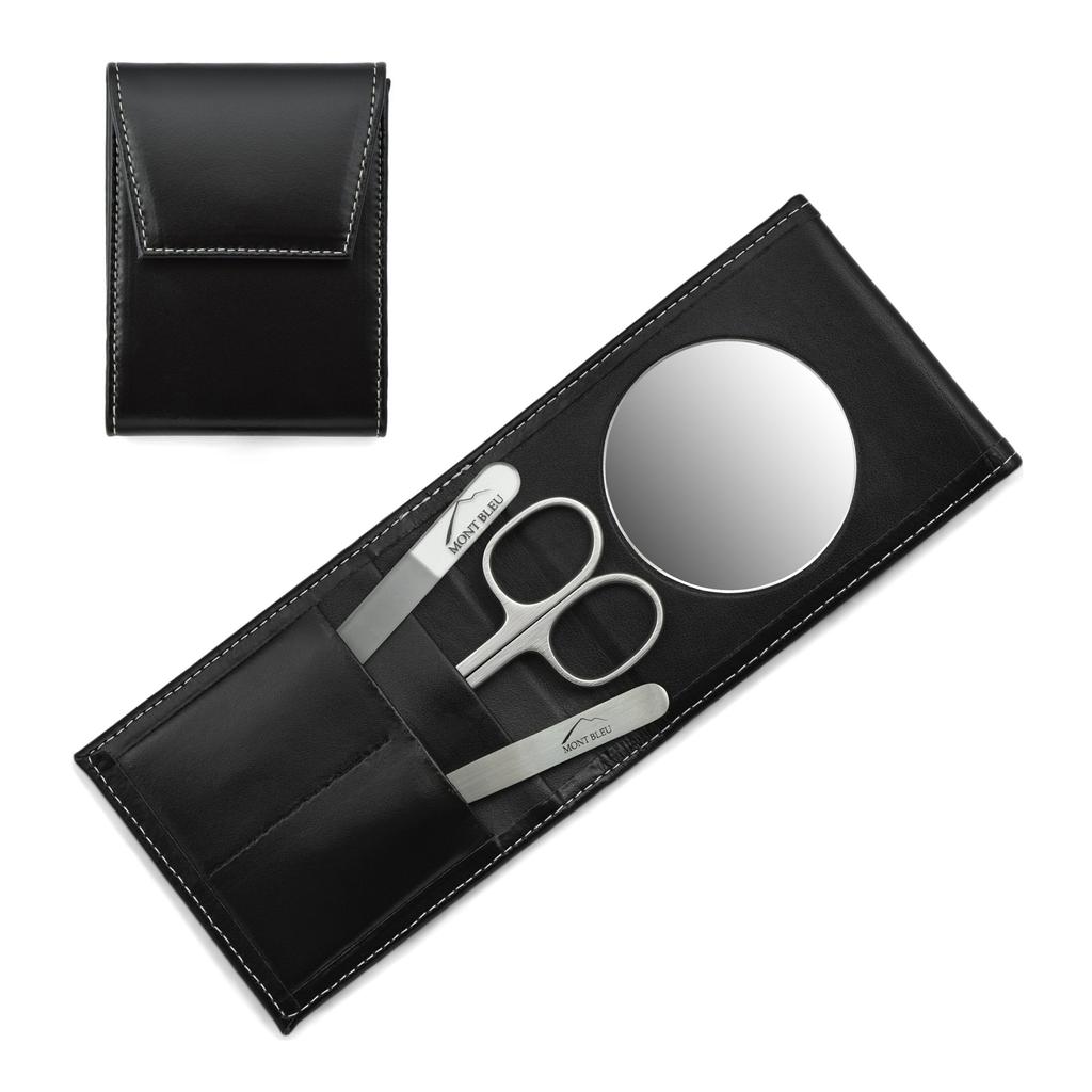 Mont Bleu 3-piece Manicure Set In a Premium Black Leather Case with Mirror & Crystal Nail File