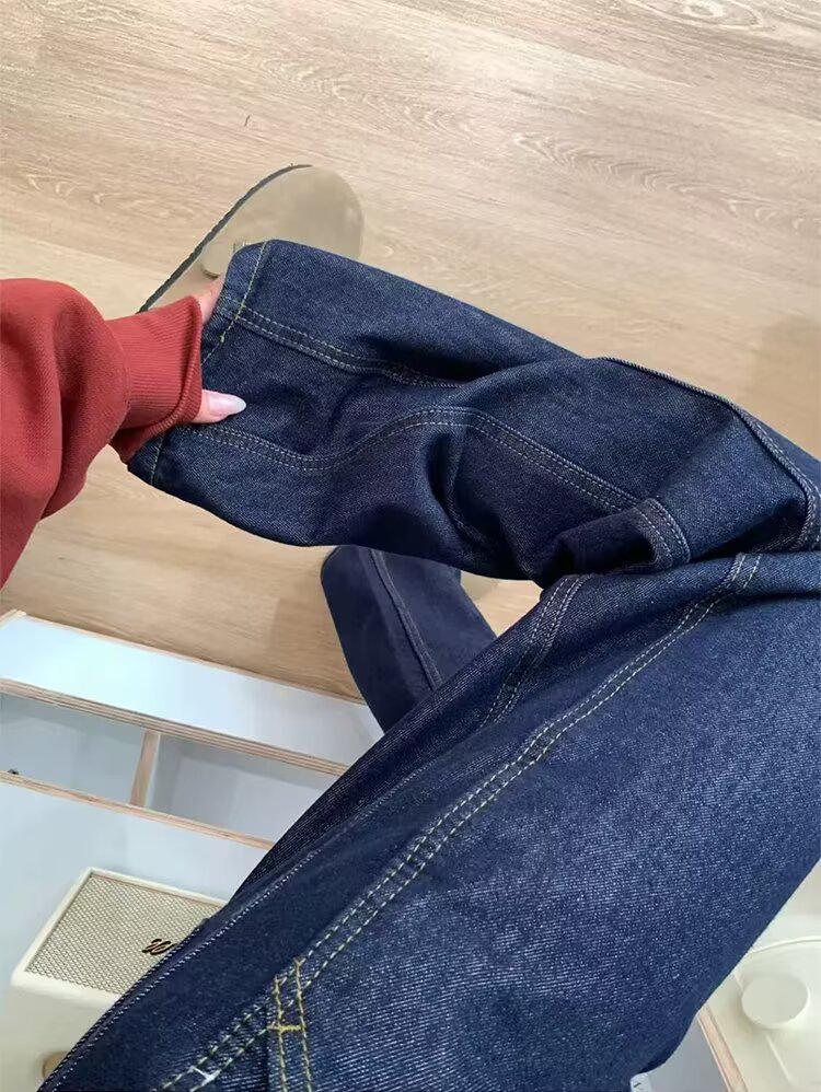 Ретро Джинсы Плюс Сайз Темно-синие Широкие для Женщин - Осень/Зима Драпированные Брюки-швабры