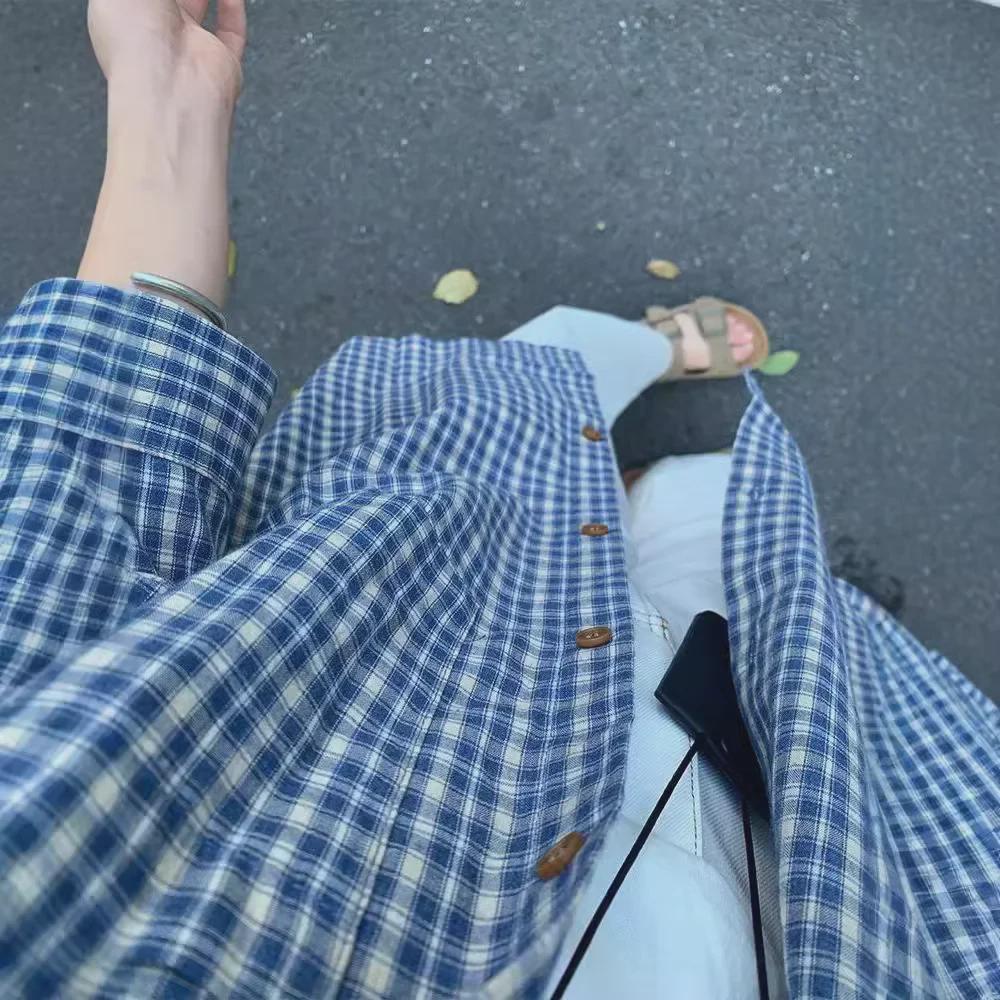 Женская синяя клетчатая рубашка-куртка - корейский осенний стиль, свободный повседневный кардиган-топ