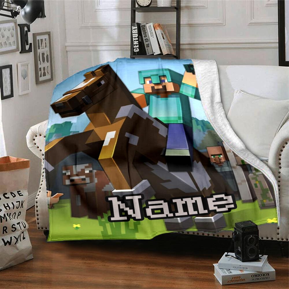 Custom Name Minecraft Theme Printed Blanket - Perfect for Couch, Bed, Travel & Outdoor Use | Machine Washable, Cozy & Durable.