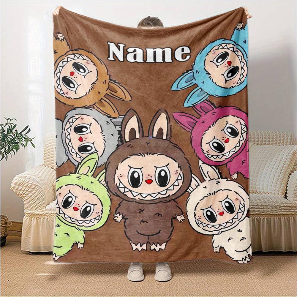 Custom Name Labubu Theme Printed Blanket - Perfect for Couch, Bed, Travel & Outdoor Use | Machine Washable, Cozy & Durable.