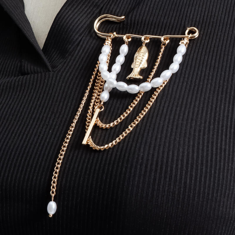Multi Layer Heart-Shaped Beaded Chain Tassel Brooches for Women Men Imitation Pearl Chains Pendant Brooches Pins Jewelry Gifts