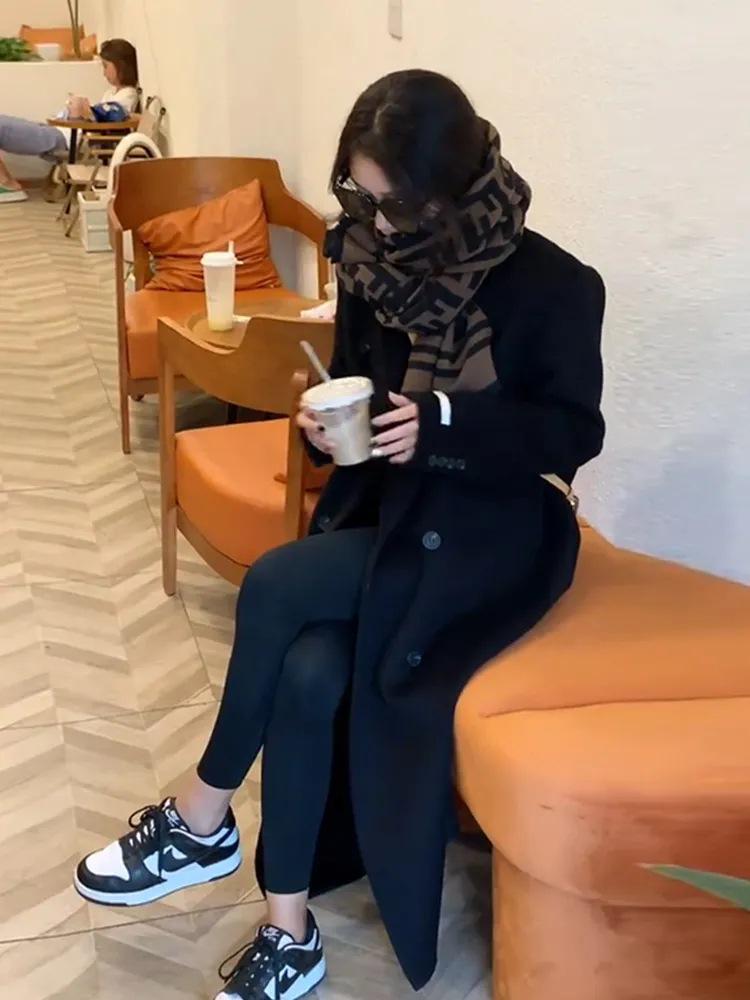 Женское пальто из верблюжьей шерсти 2023 - средней длины, в корейском стиле, свободного кроя, с длинными рукавами, трендовое для осени и зимы