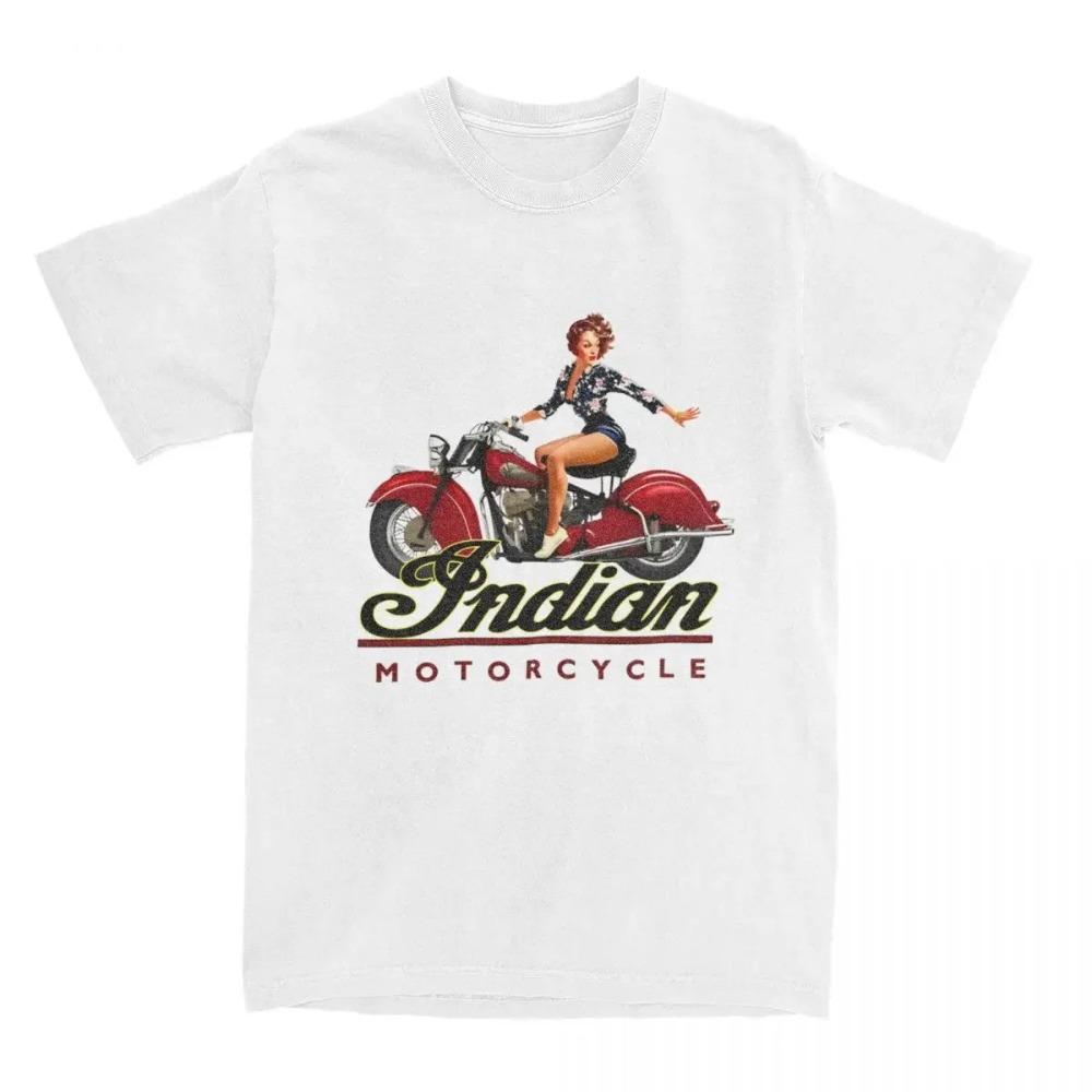 Vintage Pinup Girl On Red Motorcycle T-Shirt Man I-Indians Motorcycles Y2K Pure Cotton T Shirts Beach O-Neck Harajuku Tees Gift