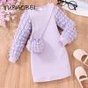 Girls Clothing Autumn Long Sleeve Solid Color Dress for Children Dresses with Bag Knitted Princess Sweater Long Dress