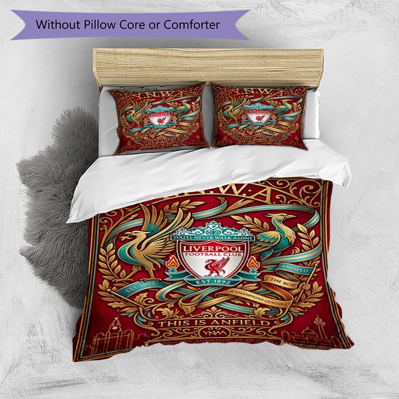3pcs Duvet Cover Set (1*Duvet Cover + 2*Pillowcase, Without Core), Liverpool Football Club Print Bedding Set, Bedroom Decor, All‑Season, Birthday Gift
