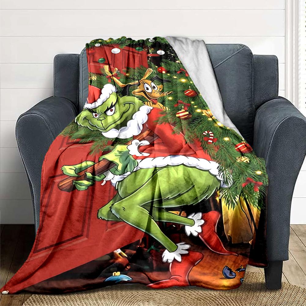 Grinch Christmas Door Scene Blanket Soft Throw Blanket For Home Bedroom Bed Sofa Travel Office Solid Christmas Blanket