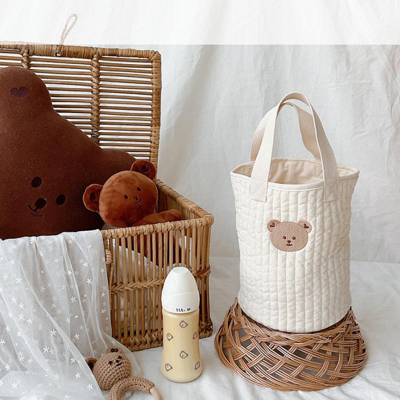 Baby Bottle Storage Bag Pure Cotton Bucket Shape Cute Embroidery Diaper Caddy Organizer for