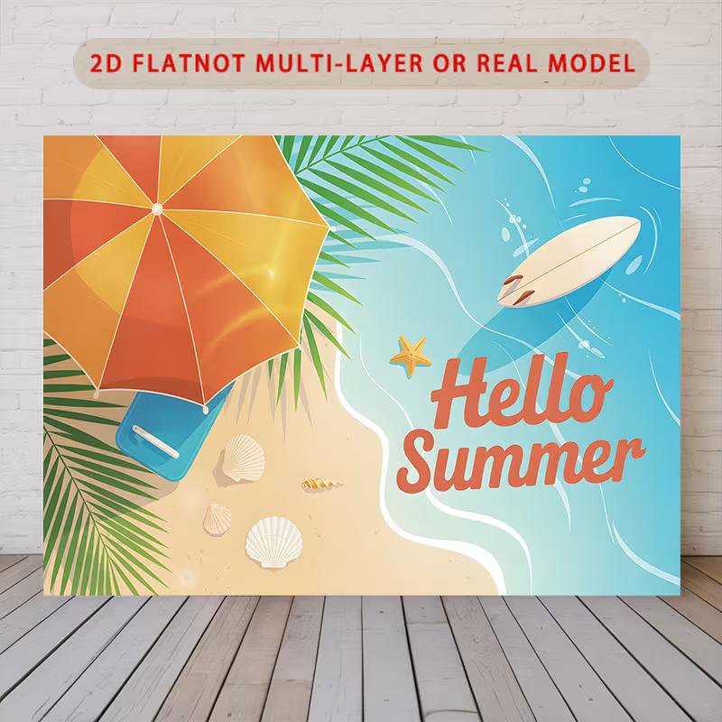 2D Hello Summer Beach Scene Backdrop Surfboard Party Photo Booth Background