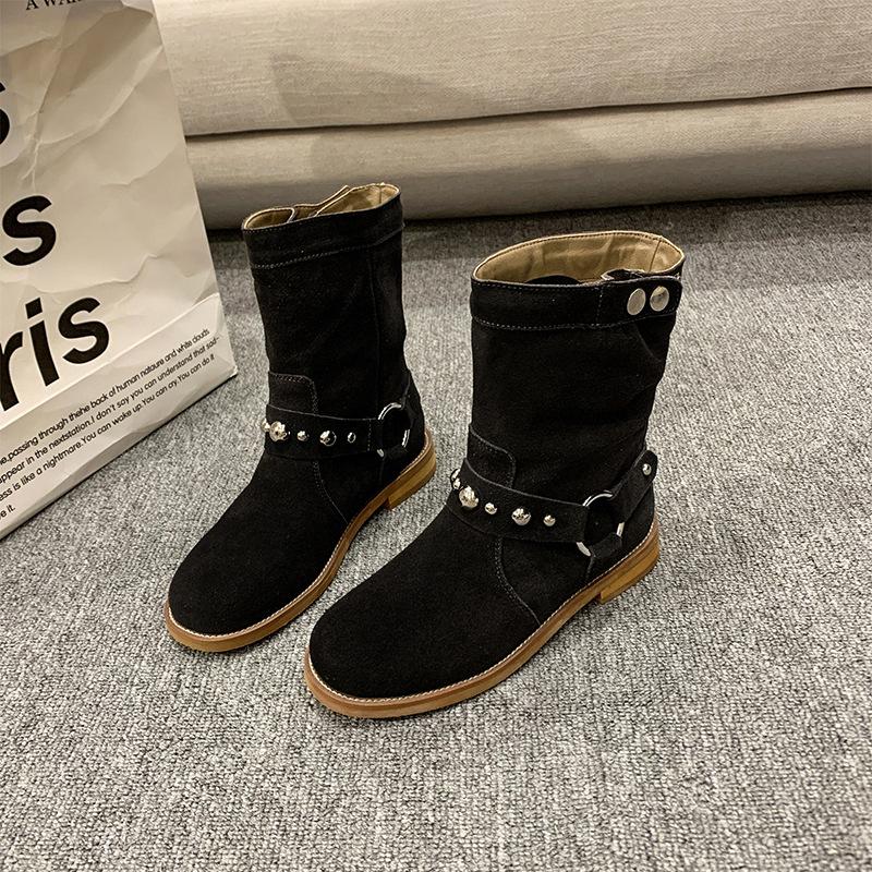 Fashion New Women Suede Leather Ankle Boots Square Low Heels Pointed Toe Western Cowboy Boots Woman Autumn Winter Buckle Short Booties