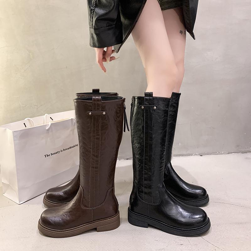 Женские сапоги до колена Весна/Осень На толстой подошве Высокие ботинки Боковая молния Рыцарские сапоги Квадратный каблук Женская обувь Botas Mujer