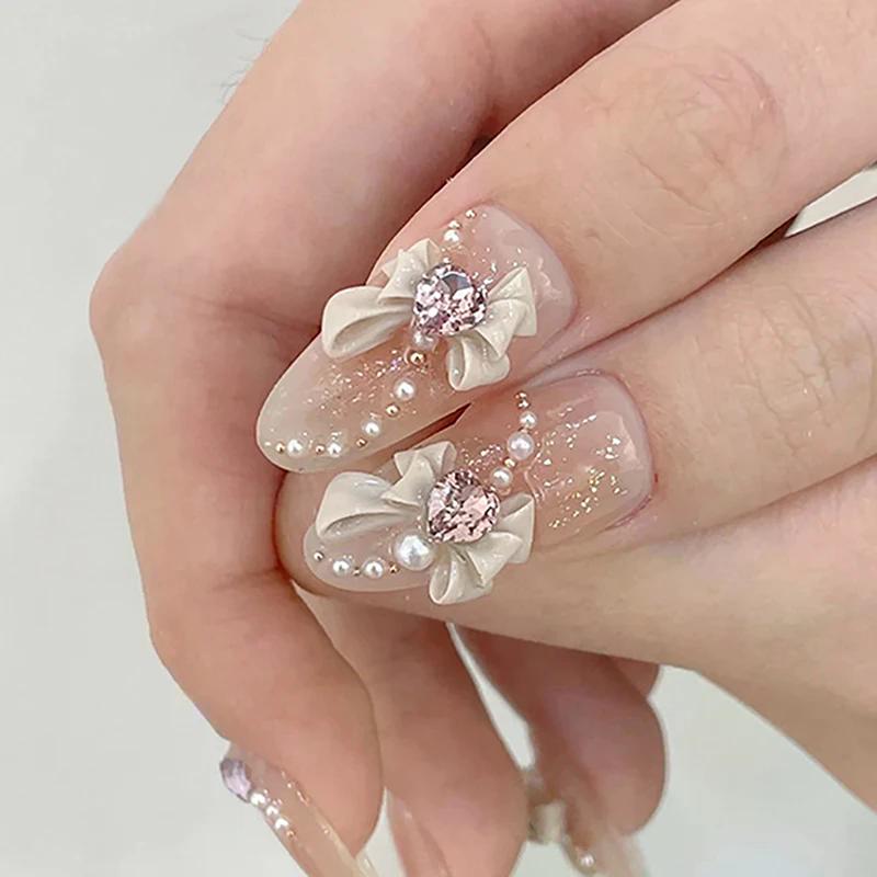 10pcs 3D Resin Bowknot Nail Charms with Pink Ribbon Bow Rhinestone, Jewelry Parts for Manicure Decor DIY Salon Accessory Gift