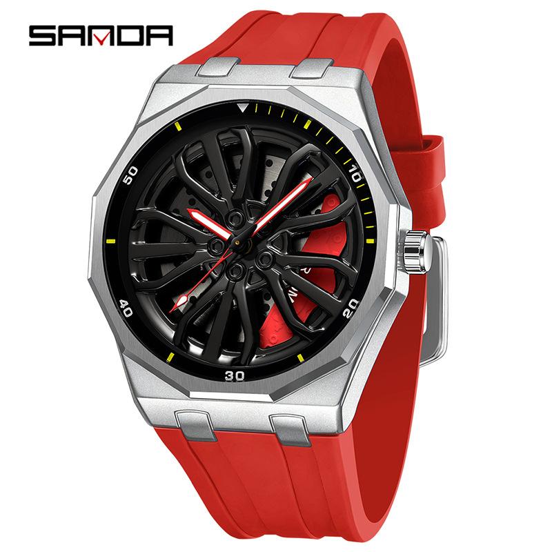 Fashion Sanda Top Brand Men's 360° Rotating Car Wheel Skeleton Dial Watch Luminous Quartz Sport Silicone Strap For Student Watch
