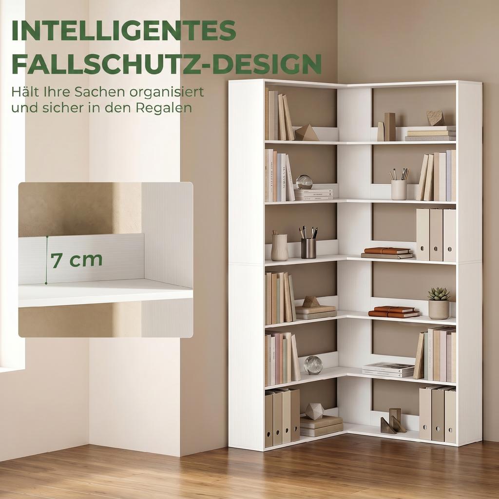 7 Tiers Bookshelf, L-Shaped Corner Bookcase with Anti-Slip Rear Guard, White Wood Effect