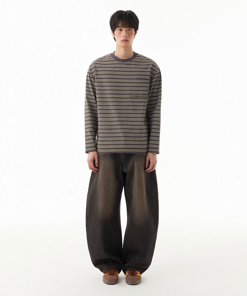 NOT ONLY FOR TODAY Multi-Stripe Pocket Long Sleeve T-Shirt [Dark Gray]