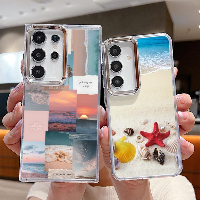 Чехол с аниме-пляжным пейзажем для Samsung S26 S25 Ultra S24 Plus S23 S22 S21 FE A54 A55 A16 A36 A56 A17 A37 A57 5G С покрытием линз Прозрачный Мягкий чехол