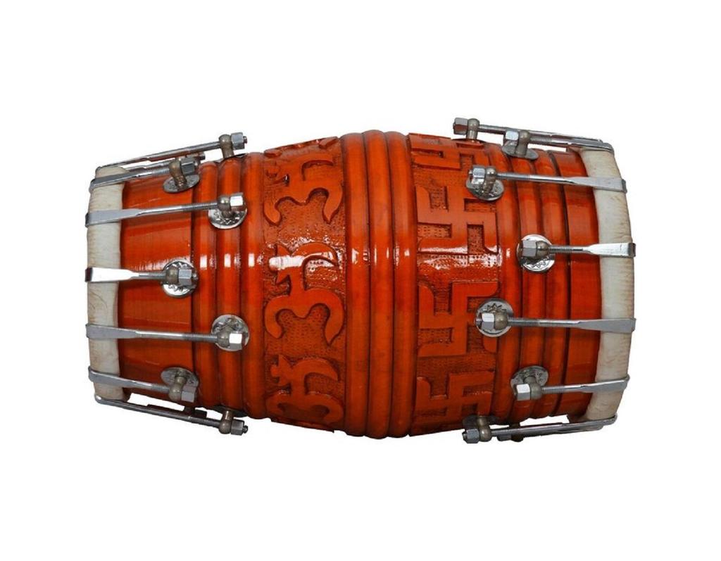 Traditional Wooden Dholak with Om & Swastik Carved Design – Nut & Bolt Tuning | Handcrafted Indian Musical Instrument