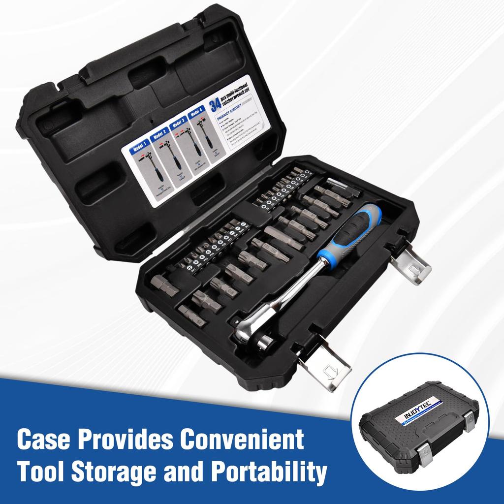 INJOYTEC Socket Wrench Ratchet Magnetic Drill Auto Repair Car Garage Bicycle Convenient Home Maintenance Work Includes Dedicated Storage Case 34-Piece