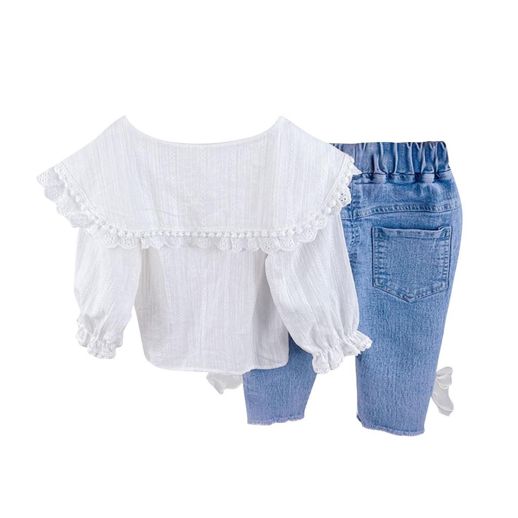 Детская рубашка с кружевом на лацкане и джинсами с бантом, комплект из двух предметов