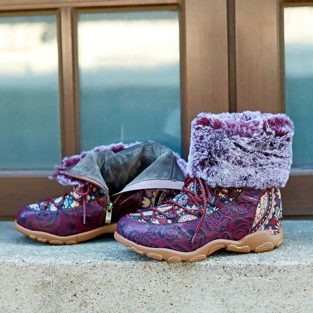 Johnature Handmade Genuine Leather Printed Short Boots With Plush Warm Comfortable Snow Boots Women Shoes