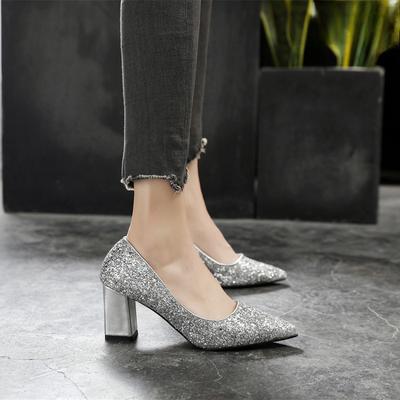 Туфли на толстом каблуке с острым носком, которые не утомляют ноги, свадебные туфли на высоком каблуке, одинарные туфли с блестками, туфли принцессы
