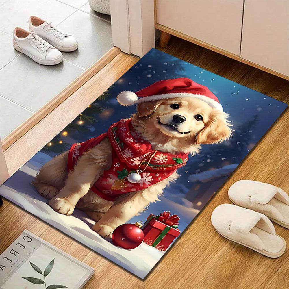 Golden Retriever in Christmas Outfit Patterned carpet, suitable as a non slip play mat for the living room and bedroom sofa