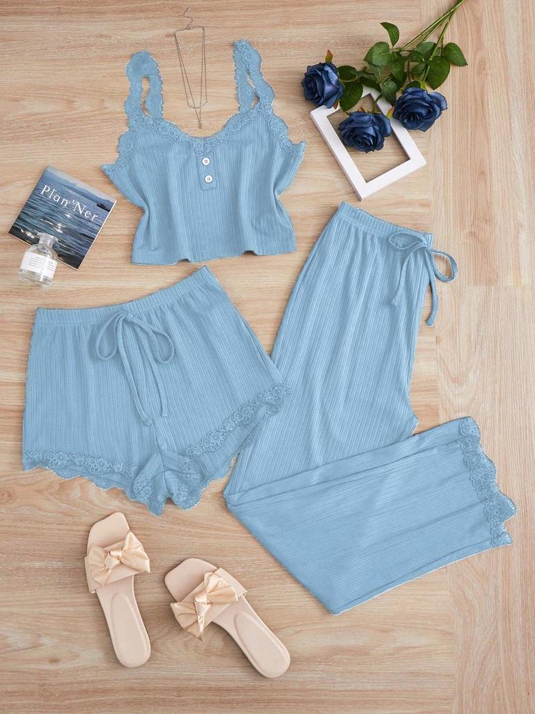 Популярный женский кружевной пижамный комплект: Комплект из трех предметов: шорты, длинные брюки и майка – Сексуальная домашняя одежда