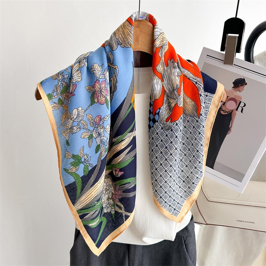 Neck Garden Pastoral Scarf French 65 × 65cm Thin Plant Flower Cotton And Linen Scarf Velvet Scarf Women