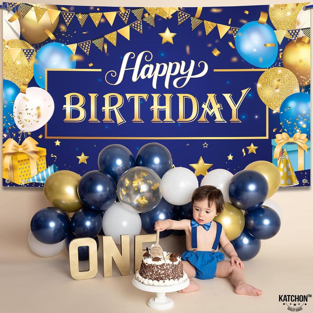 KatchOn, XtraLarge Gold and Blue Happy Birthday Banner - 72x44 Inch | Blue and Gold Birthday Backdrop for Happy Birthday Decorations | Party