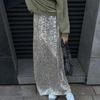 Women Maxi Skirt Elastic High Waist Sequins Long Style Skirt Street Shiny Loose Fit Skirt Night Club Stage Show