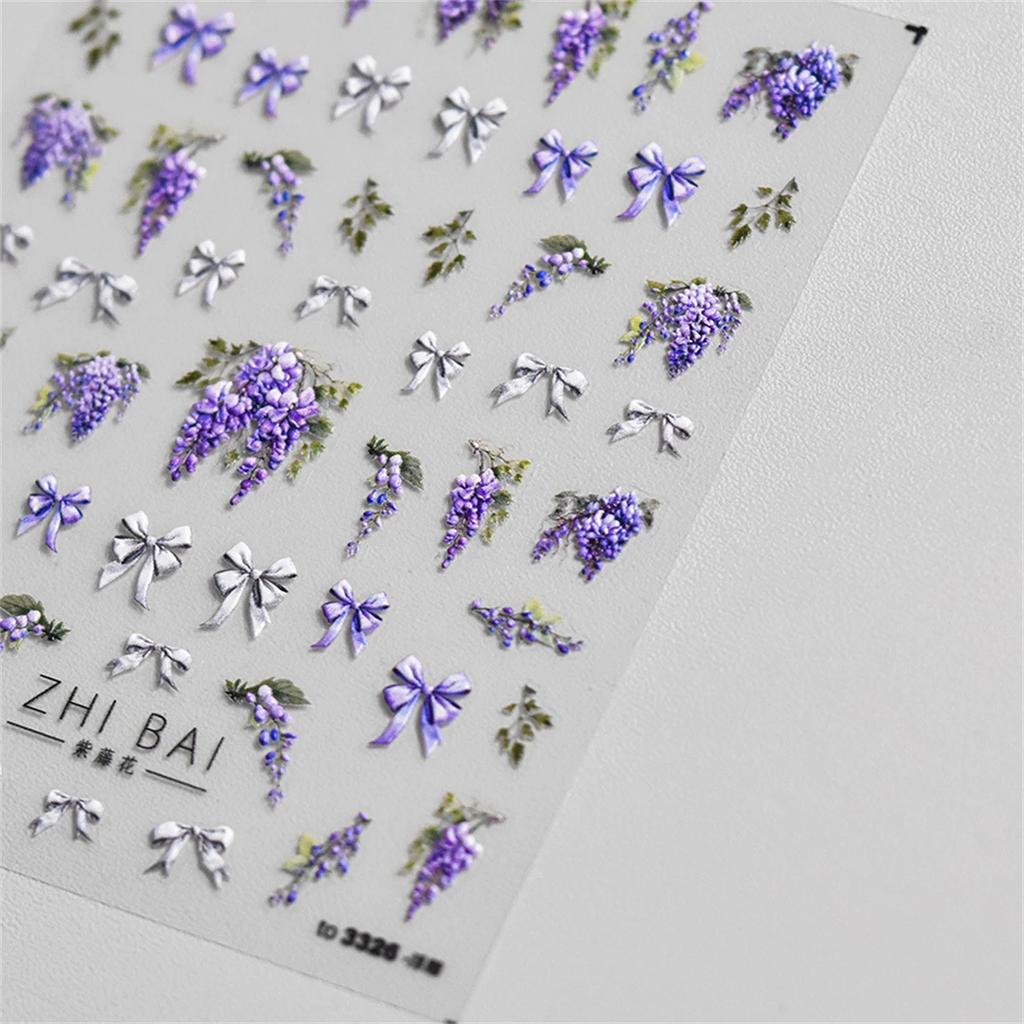 1pcs 5D Exquisite Purple Wisteria Flower Nail Art Stickers Flower Bow Nail Decoration Slider Decal Adhesive Transfer Part