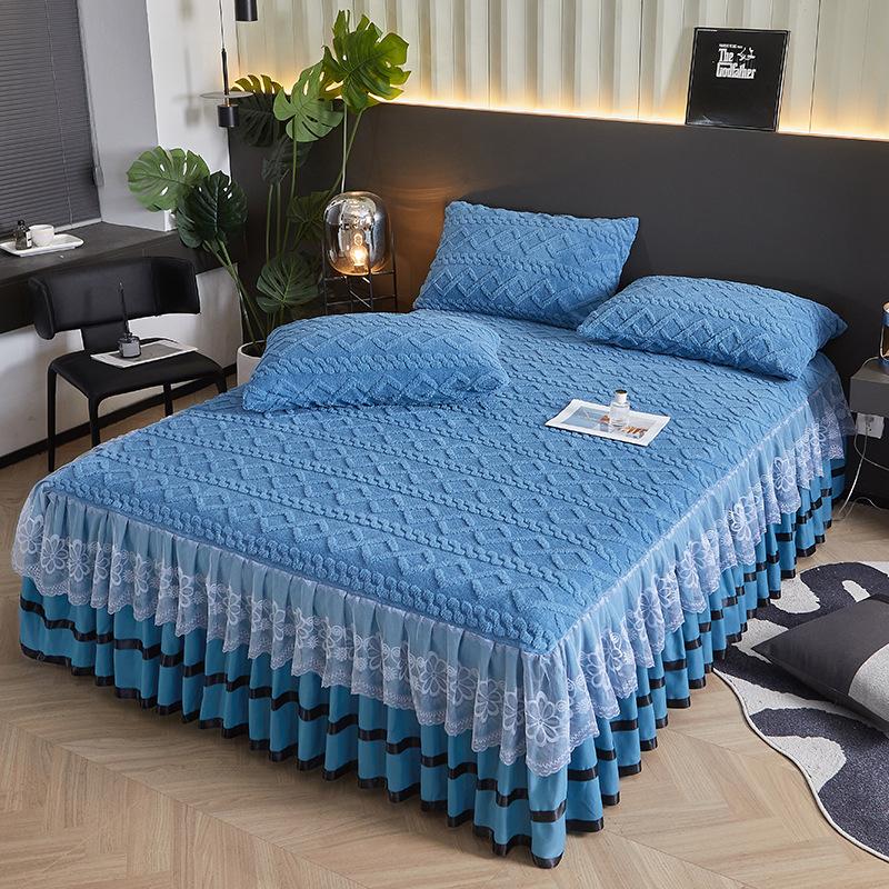 Autumn Winter New Taffeta Single Bed Skirt French Lace Trim Fleece Thickened Coral Fleece Bed Cover