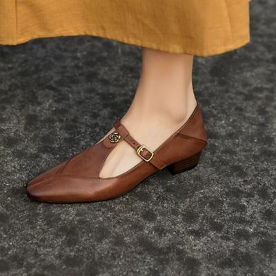 Французские ретро туфли Мэри Джейн с камелией женские весенне-осенние кожаные коричневые с Т-образным ремешком на толстом каблуке туфли-лодочки на среднем каблуке маленькие кожаные туфли