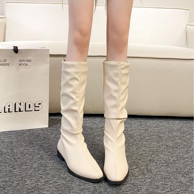 Ботильоны-рыцари с плиссированным голенищем до колена на толстом каблуке женская обувь 2025 новая весна и осень западные тонкие средней длины сапоги