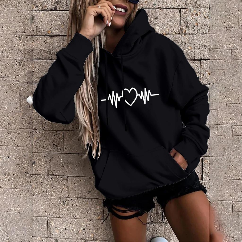 Women Fashion Casual Fun Print Hooded Sweatshirt Loose Sports Tops Pullover