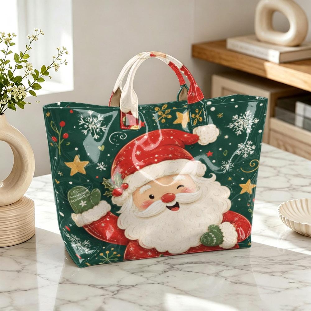 Christmas Santa Claus Print Tote Bag, Green Snowflake Star Pattern Handbag Shopping Shoulder Bag