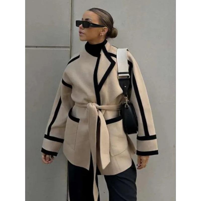 Turndown Collar Lace Up Women's Coat Casual Cardigan Thickened Warm Loose Long Sleeve Commute Outerwear Elegant Warm Jacket New Fashion Autumn Winter