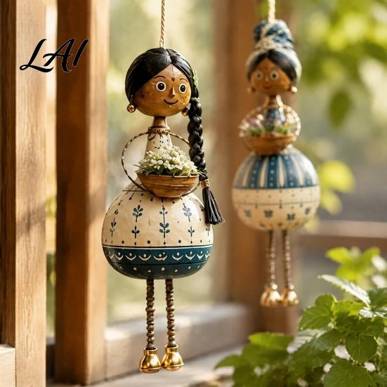 Vintage Dancing Girl Hanging Pendant Hand‑Painted Folk Style Ornament Ethnic Doll with Bell & Basket Rustic Art Resin Ornament Boho Wall