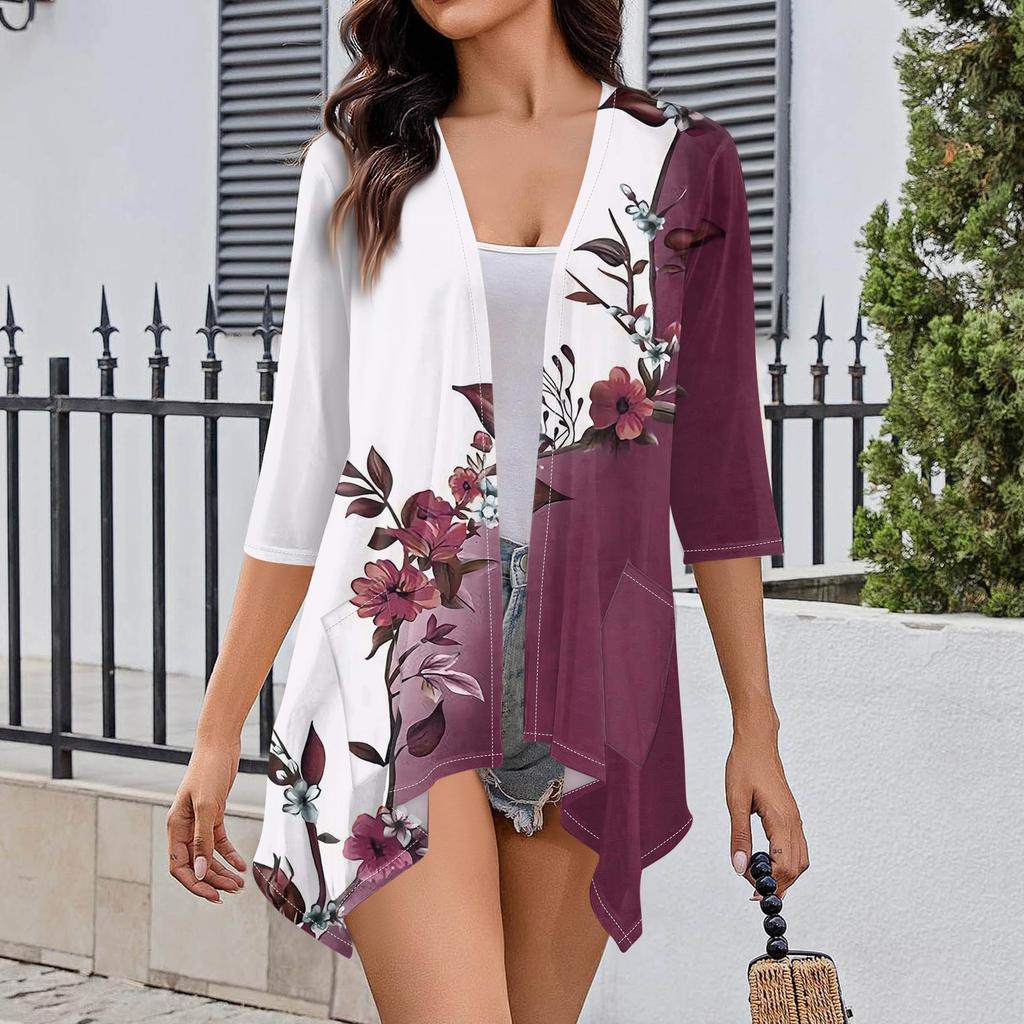 Женский кардиган с нестандартным принтом и рукавами 3/4, повседневная накидка с карманами